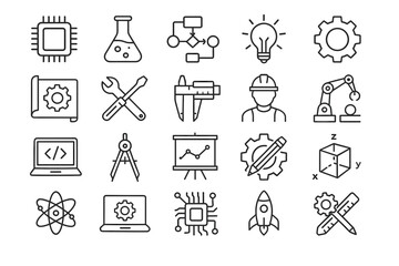 Engineering and Technology Icon Set — Innovation, Science and Industry Line Symbols