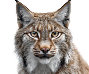 Closeup portrait of a wild lynx with striking yellow eyes and detailed fur, isolated on transparent background