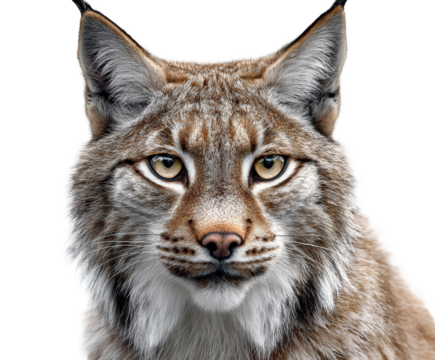 Closeup portrait of a wild lynx with striking yellow eyes and detailed fur, isolated on transparent background