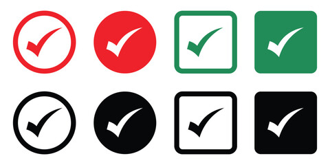 Set of check mark icons in different styles—red, green, black, circle and square backgrounds. Perfect for concepts like approval, validation, selection, and completed tasks.