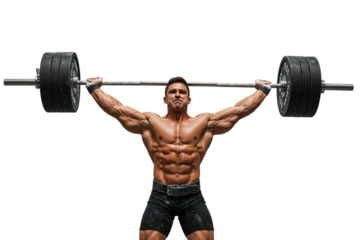 Athlete lifting weights overhead with intense focus on a white background