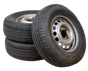 Three old car tires with rusty steel rims stacked together. set of used auto rubber wheels isolated on transparency background, showing sense of wear and utility