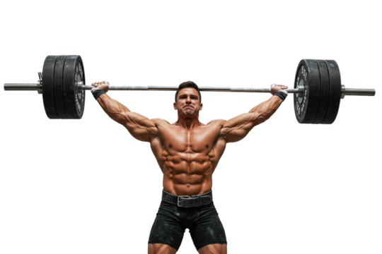 Athlete lifting weights overhead with intense focus on a white background