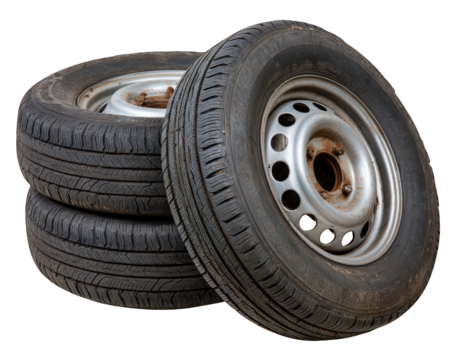 Three old car tires with rusty steel rims stacked together. set of used auto rubber wheels isolated on transparency background, showing sense of wear and utility