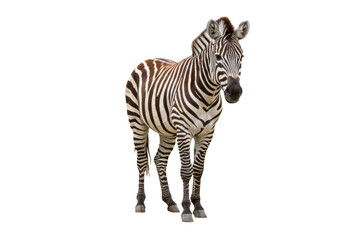 Isolated Zebra standing, looking at camera, full-body view of striped African wild horse
