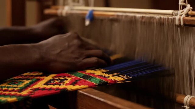Weaving Kente Cloth On A Loom In Ghana At Daytime