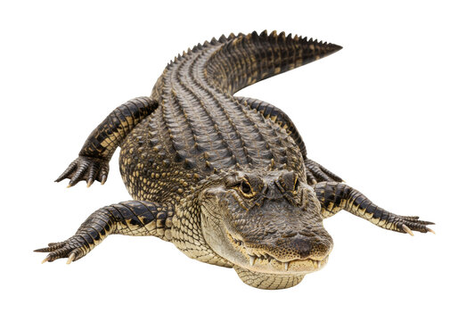 Isolated American alligator resting on a surface, revealing its scaled texture and menacing teeth