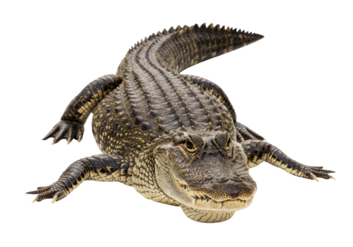 Isolated American alligator resting on a surface, revealing its scaled texture and menacing teeth