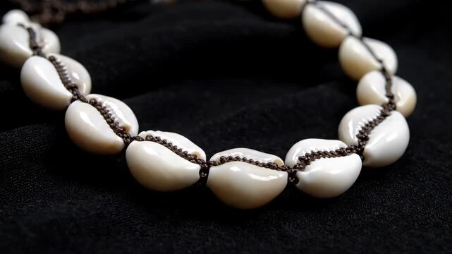 Cowrie Shell Necklace Resting on a Black Cloth During the Daytime