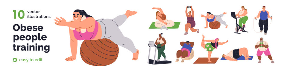 Obraz na płótnie Canvas Active plus-size people training, exercising. Fat obese characters at fitness, gym, yoga and sports workouts with ball, treadmill, dumbbell. Flat vector illustrations set isolated on white background.