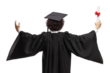 Rear view shot of a male student in a graduation gown holding a certificate