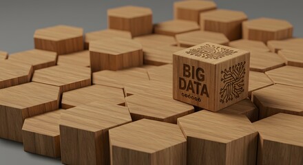 Abstract 3D visualization Big Data cube with QR code surrounded by hexagonal blocks, symbolizing interconnected information, analytics, and digital infrastructure