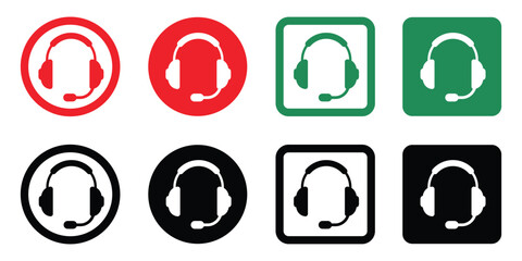 Set of Headset icons in different styles—red, green, black, circle and square backgrounds. Perfect for concepts like approval, validation, selection, and completed tasks.
