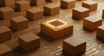 The heart of technology A central processing unit glowing on a wooden block amidst a grid, symbolizing digital integration and core innovation
