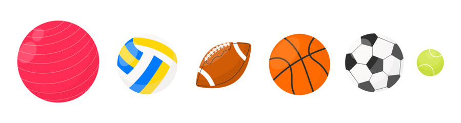 Collection of balls for different sports and recreational activities. Vector balls for soccer, basketball, volleyball, rugby, tennis. Various equipment for sport games isolated on white background.