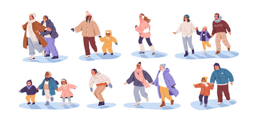 Fototapeta na wymiar People skating on ice rink, set. Winter holiday leisure, sports activity. Happy family, kids, couples, friends skaters sliding in warm clothing. Flat vector illustrations isolated on white background.