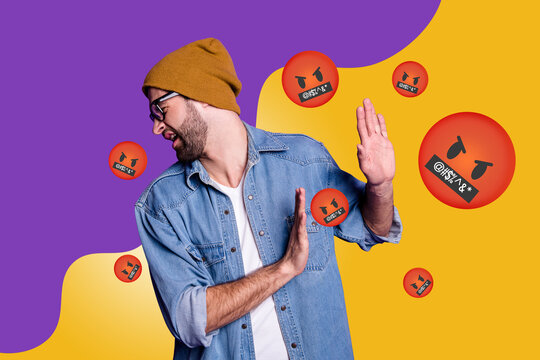 Collage of person surrounded by floating emoji icons expressing fun and different emotions happy joy angry oops lol - Powered by Adobe