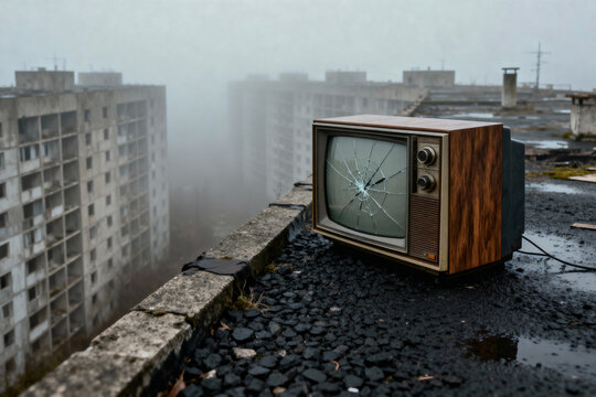 A retro TV with a cracked screen sits on a derelict rooftop in a foggy ghost town. A bleak, post-apocalyptic, and atmospheric scene of urban decay.