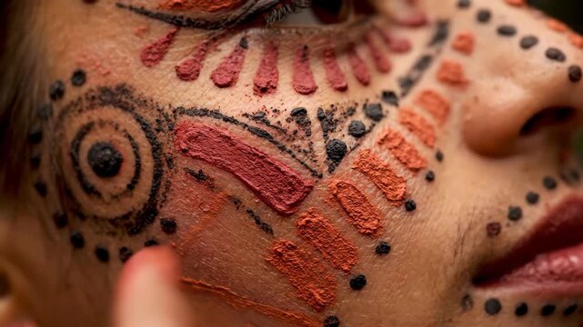Close up of Face Painting With Black and Red Designs