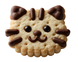 Adorable cute cat cookie with chocolate details. sweet snack biscuit, single baked food treat for party or children, isolated on transparency background with happy face