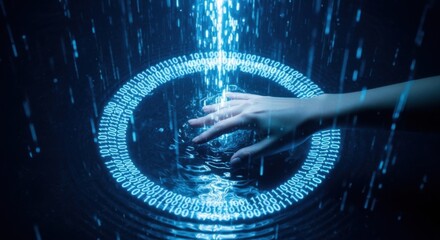 Human hand touching a glowing blue futuristic digital interface with splashing water, symbolizing data, technology, and advanced interaction.