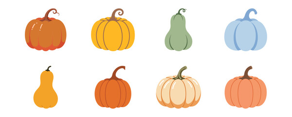 Vibrant collection of autumn pumpkins and gourds, perfect flat vector illustrations for harvest celebrations and fall designs