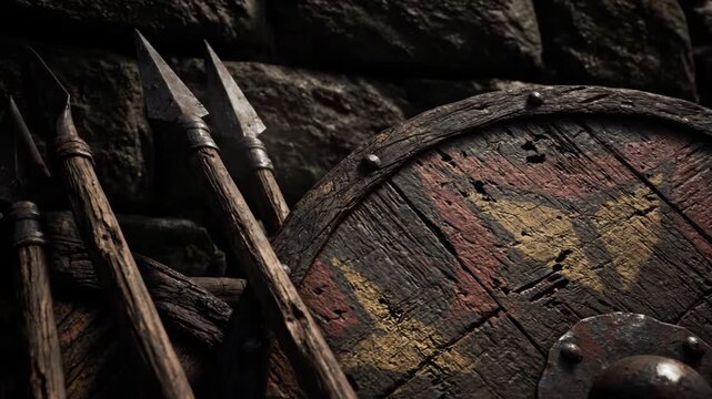 Spears And Wooden Shield Leaning Against Stone Wall, Possibly Viking or Medieval