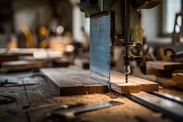 Close-up of woodworking tools, a band saw cutting into a wooden plank, in a workshop setting
