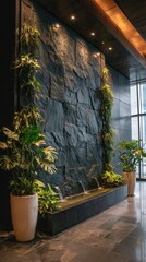 Interior with stone wall water feature, plants, and warm lighting, creating an elegant space