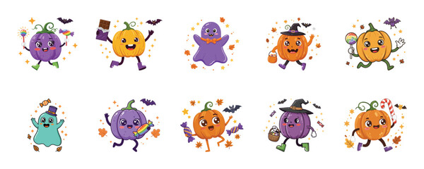 A festive concept of cute cartoon pumpkin and ghost characters for Halloween