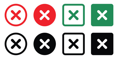 Set of Wrong Error Symbol in different styles—red, green, black, circle and square backgrounds. Perfect for concepts like approval, validation, selection, and completed tasks.