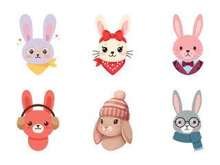 Vector illustration set of six adorable and fashionable bunny character faces