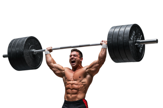 Muscular Man Powerlifting Heavy Weight Overhead Isolated On White Background