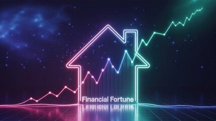 Digital house graphic with rising financial trends and vibrant colors.