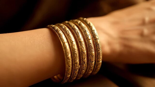 Woman Wearing Several Antique Gold Bangles on Her Arm at Evening