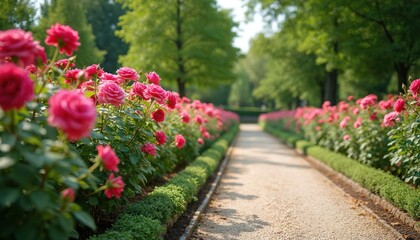 Naklejka premium Pathway winds through vibrant rose garden. Pink and red blooms line gravel path amid rich greenery. Neat flower beds create tranquil park scene. Perfect for nature lovers or floral design projects.