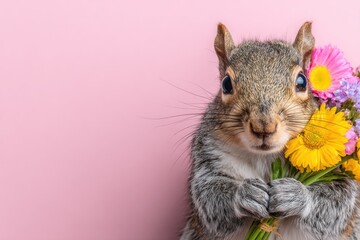 Obraz premium Close-up of a gray squirrel holding a colorful bouquet against a soft pink backdrop