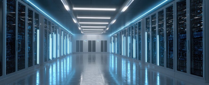Long perspective view of a data center hallway with servers and vibrant blue and white lighting