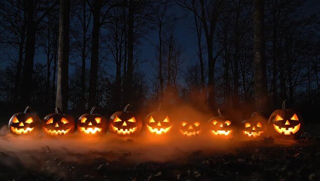 Row of glowing jack-o-lanterns in a spooky forest at night with smoke