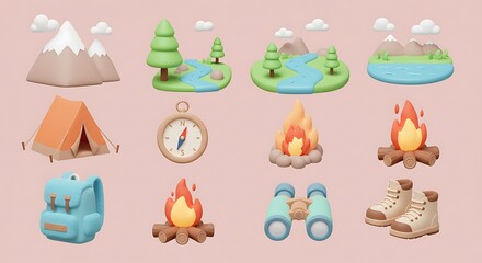Cute 3D Rendered Collection of Camping and Outdoor Adventure Icons Featuring Mountains, Tent, Campfire, and Hiking Gear