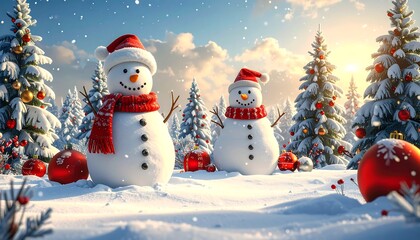 Two snowmen sporting red scarves and hats stand in a snowy forest with festive trees and floating snow during a sunny winter day