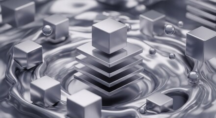 Abstract 3D render of silver metallic cubes and spheres on a reflective liquid surface, modern technology data structure concept.