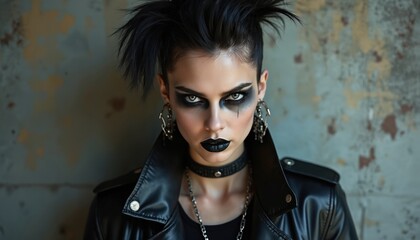 Young woman with dark makeup and black leather jacket has edgy punk style. Her spiked hair and intense gaze suggest rebellious attitude. She wears chokers and silver chain necklaces.