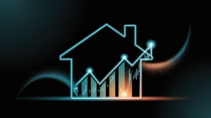  Neon house icon with rising graph elements on a dark background.