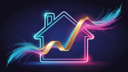 Neon house outline with colorful wave and sparkles representing growth.