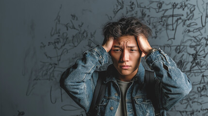 Young Asian man expressing stress with dynamic hand-drawn doodles of thoughts and symbols