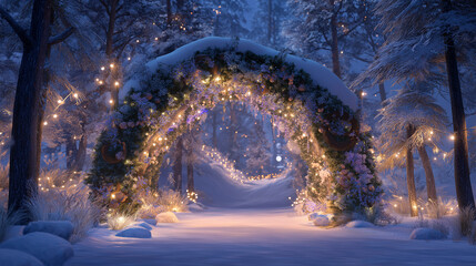 Fototapeta premium Winter pathway with illuminated arch and snow-covered trees 