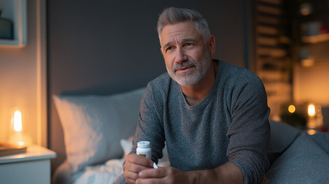 Older man sitting on bed holding medicine bottle in cozy interior