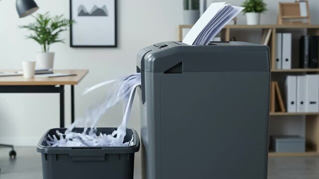 Office paper shredder dispensing shredded documents into bin  