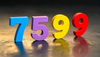 Colorful wooden numbers arranged in sequence, representing a numerical value, against a textured background. The numbers are blue, purple, yellow, and red